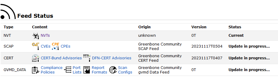 Example of Greenbone Feed Status results
