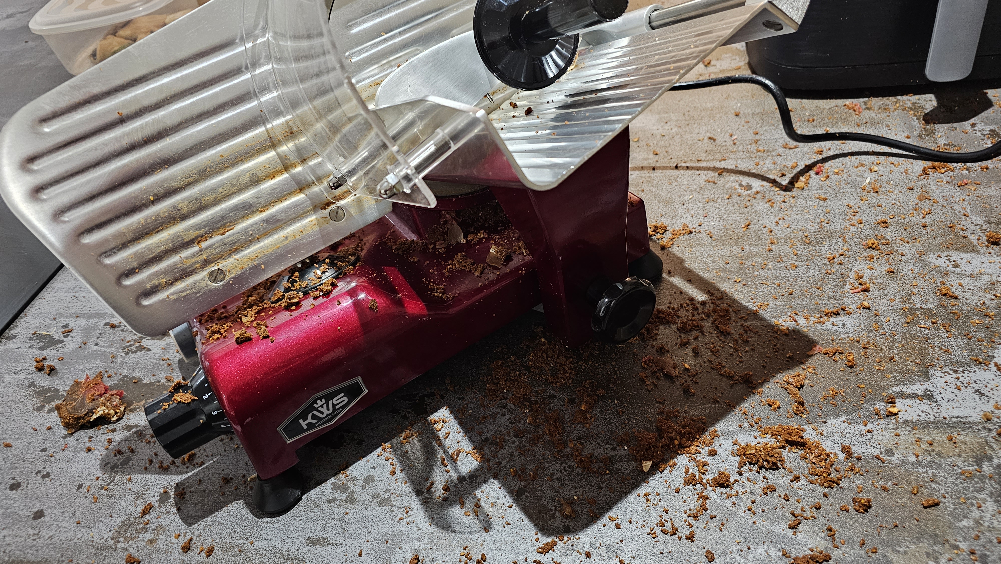 Meat slicer with mess after slicing Basterma