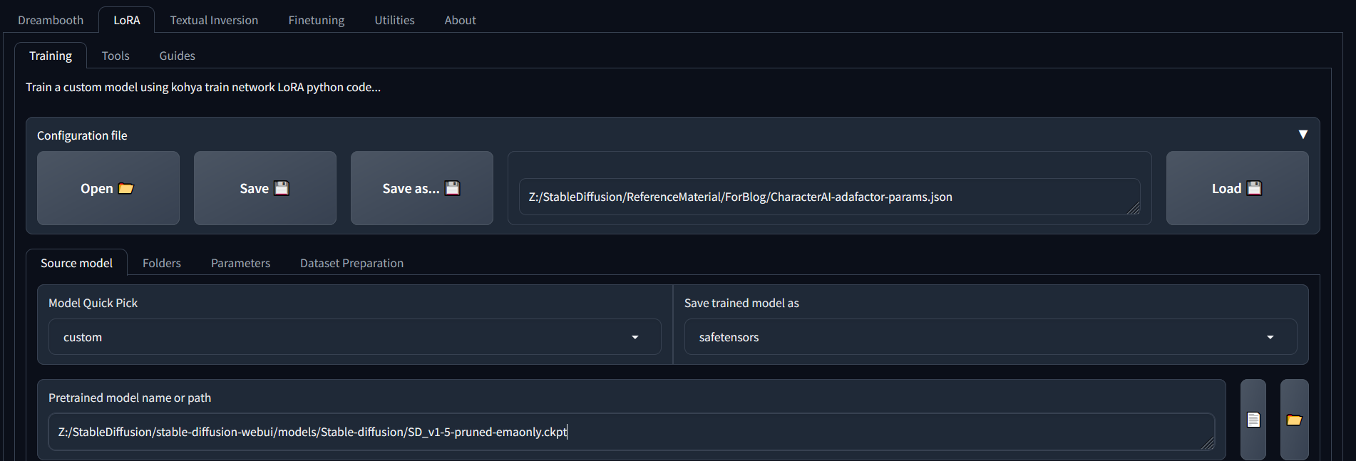 Screenshot showing base model selection in Kohya_ss