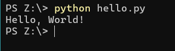 Computer output showing "Hello World" from the python execution