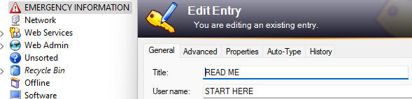 Screen-shot displaying the edit-entry dialog for the Emergency Information READ ME keepass entry