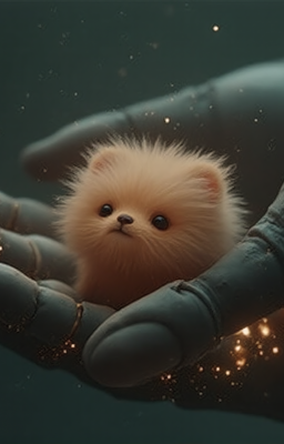a cute puffy creature cradeled in the hands of a robot