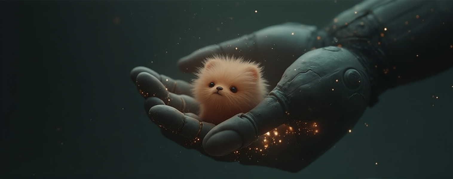 a cute puffy creature cradeled in the hands of a robot